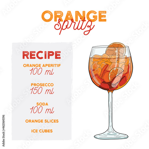 Hand Drawn Colorful Orange Spritz Summer Cocktail. Drink with Ingredients photo