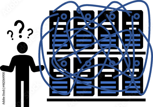 Strongly networked data center with confusing IT technicians with no direction or plan. Computer technology in the server room. Hello IT. Have you tried turning it off and on again?