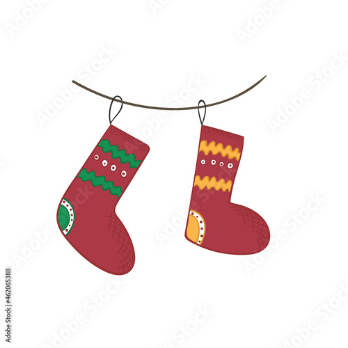 Cute cartoon bright Christmas stocking for new year design, labels, coloring books, kids apps, greeting cards, pattern