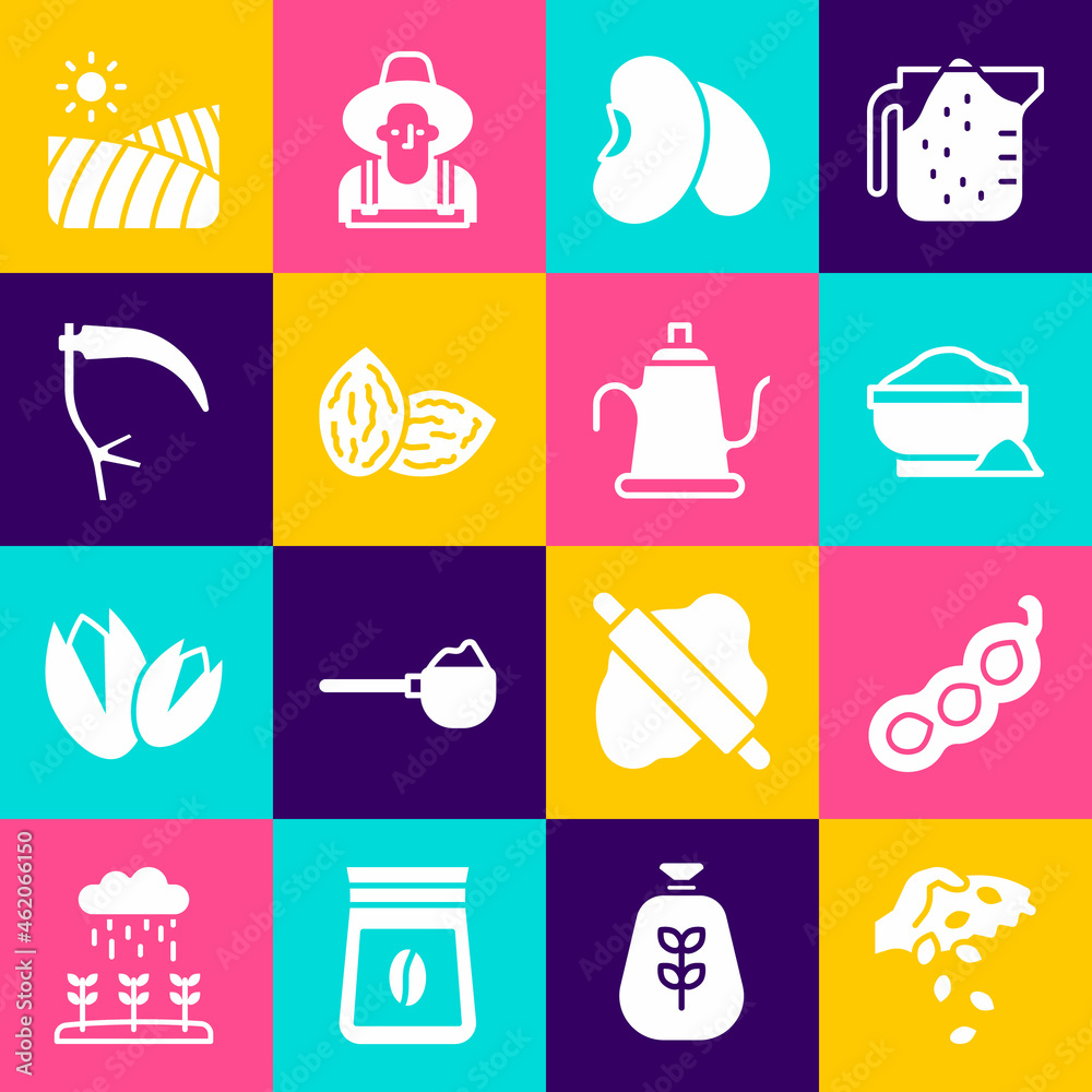 Set Seed, Green peas, Flour bowl, Beans, Scythe, Agriculture wheat field and Watering can icon. Vector