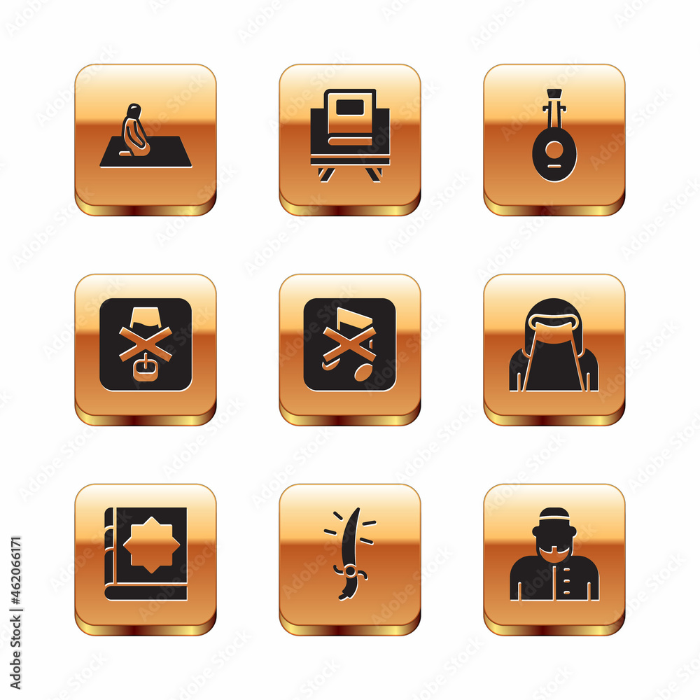 Set Muslim man prays, Holy book of Koran, Arabian saber, Speaker mute, No alcohol, Lute, and icon. Vector Set Muslim man prays, Holy book of Koran, Arabian saber, Speaker mute, No alcohol, Lute, and icon. Vector