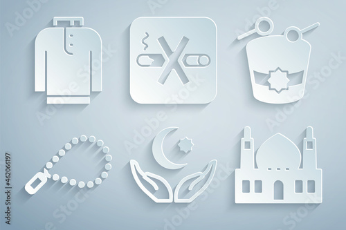 Set Star and crescent, Ramadan drum, Rosary beads religion, Muslim Mosque, No Smoking and Shirt kurta icon. Vector