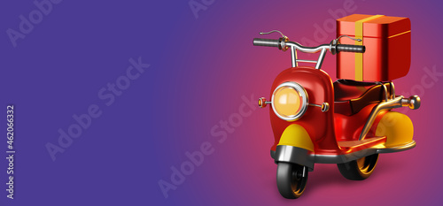 Delivery service transport. Red scooter on purple gradient. Copy space near scooter. Courier delivery services. Vintage courier motorcycle. Motoroller delivery service.. 3d rendering.