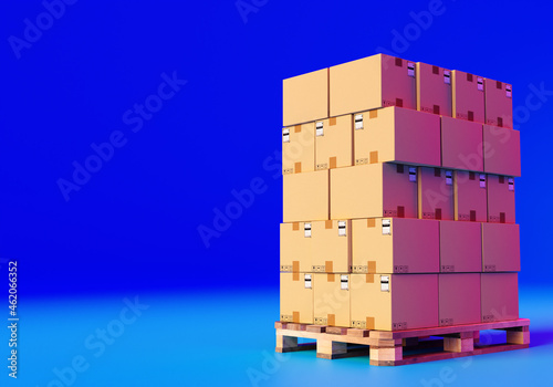 Boxes on pallet. Wooden pallet with many boxes. It symbolizes logistics processes. Order fulfillment process in business. Warehouse paddon on blue background. Groupage cargo metaphor. 3d rendering. photo