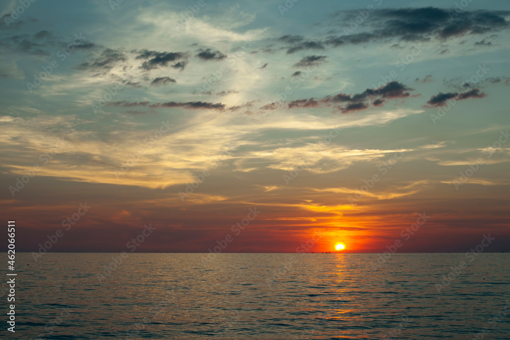 View of amazing sunset and sea beach in the Gulf of Thailand.