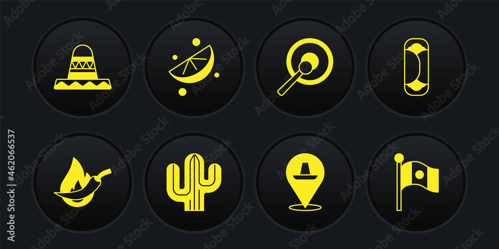 Set Hot chili pepper pod, Burrito, Cactus, Mexican sombrero, Gong, Sliced lime, Mexico flag and icon. Vector Set Hot chili pepper pod, Burrito, Cactus, Mexican sombrero, Gong, Sliced lime, Mexico flag and icon. Vector