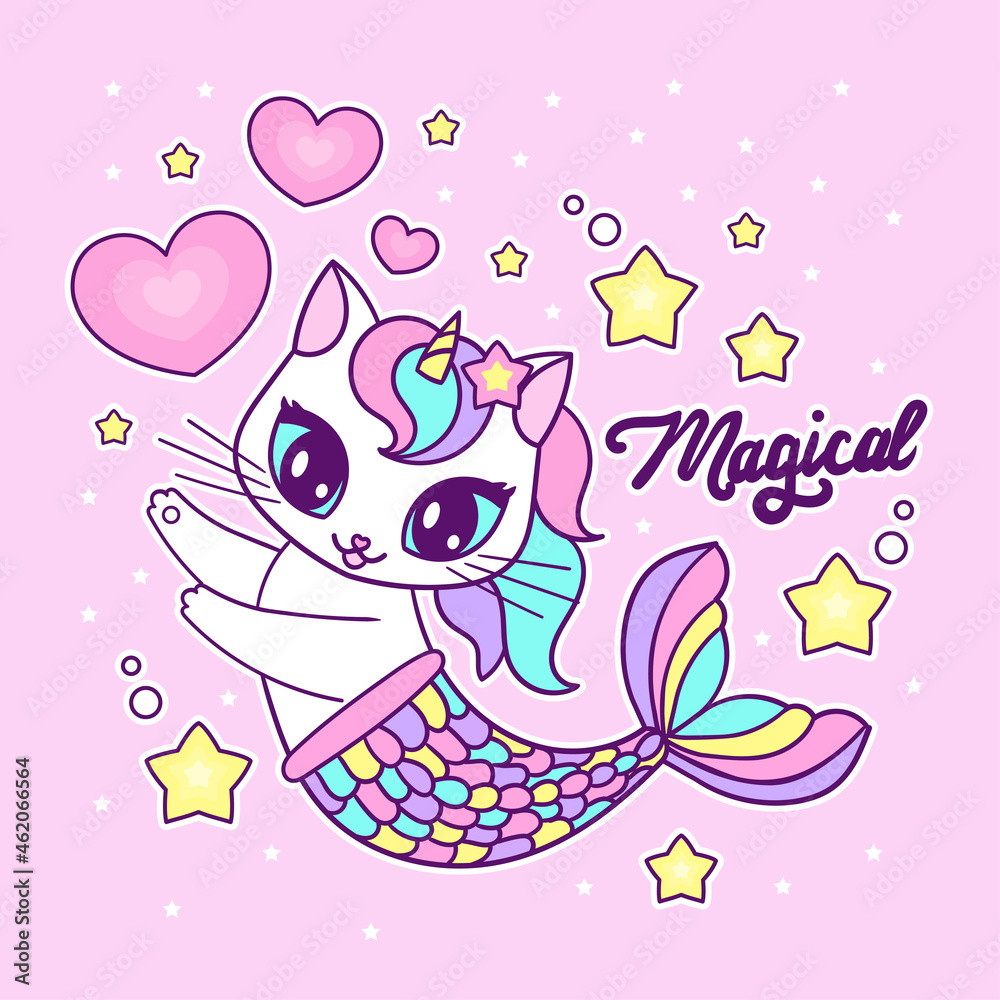 Cute cartoon cat mermaid unicorn. The text is Magic. For children's design of prints, posters, stickers, cards, banners, etc. Vector