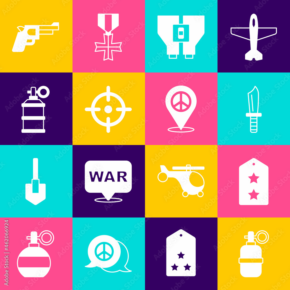 Set Hand grenade, Military rank, knife, Binoculars, Target sport, smoke, Pistol gun and Location peace icon. Vector Set Hand grenade, Military rank, knife, Binoculars, Target sport, smoke, Pistol gun and Location peace icon. Vector