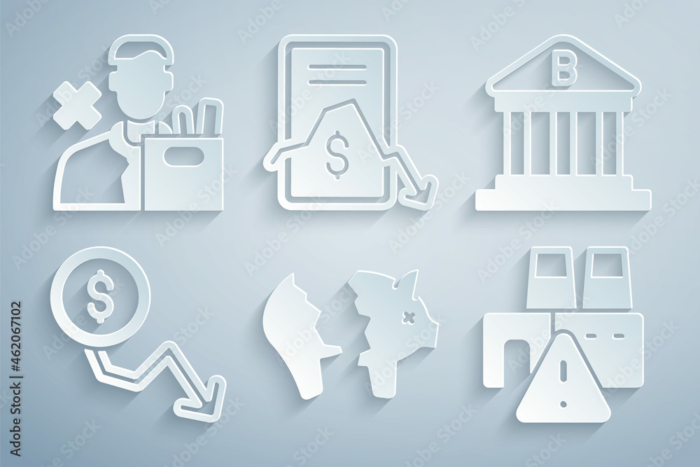 Fototapeta premium Set Broken piggy bank, Bank building, Dollar rate decrease, Shutdown of factory, Mobile stock trading and Employee dismissal icon. Vector