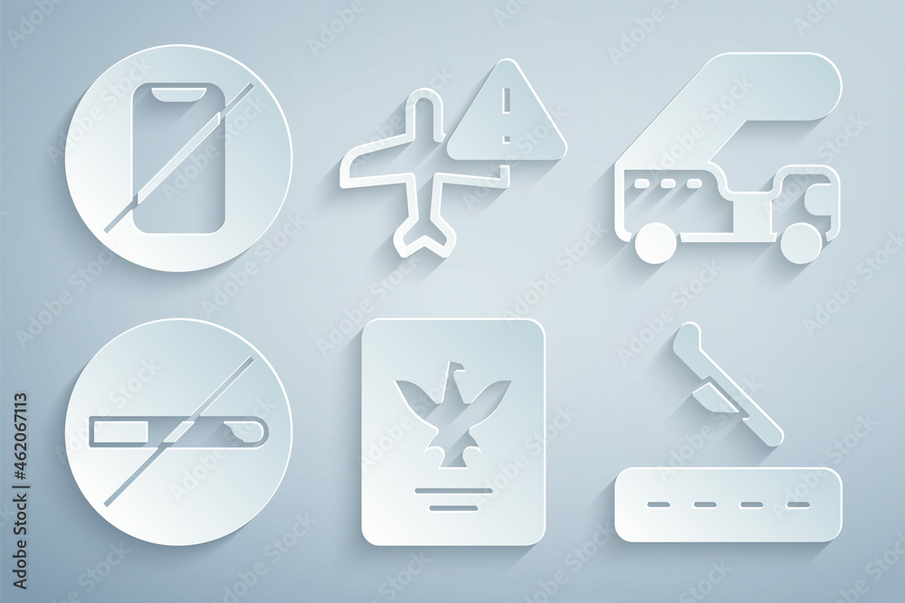 Set Passport, Passenger ladder, No Smoking, Plane landing, Warning aircraft and cell phone icon. Vector