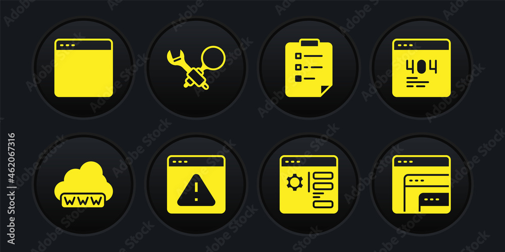 Set Web development, Page with a 404 error, Browser exclamation mark, setting, Clipboard checklist, Debugging, Software and window icon. Vector Set Web development, Page with a 404 error, Browser exclamation mark, setting, Clipboard checklist, Debugging, Software and window icon. Vector