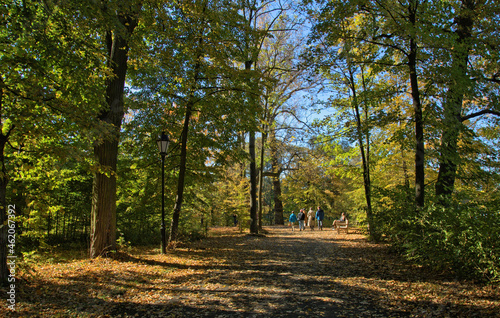 Obraz na płótnie People walking in an autumn park, Otwock Wielki, southeast of Warsaw, Mazovia, Poland w salonie