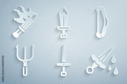 Set Dagger, Medieval bow, Neptune Trident, Sword with blood, for game and icon. Vector