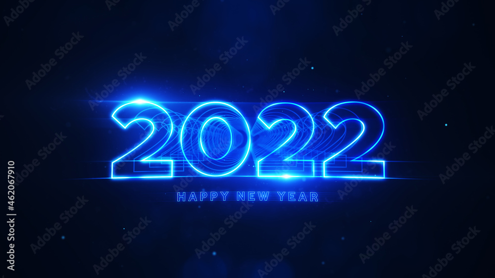 Happy New Year 2022 blue neon particles bokeh background new year resolution concept.