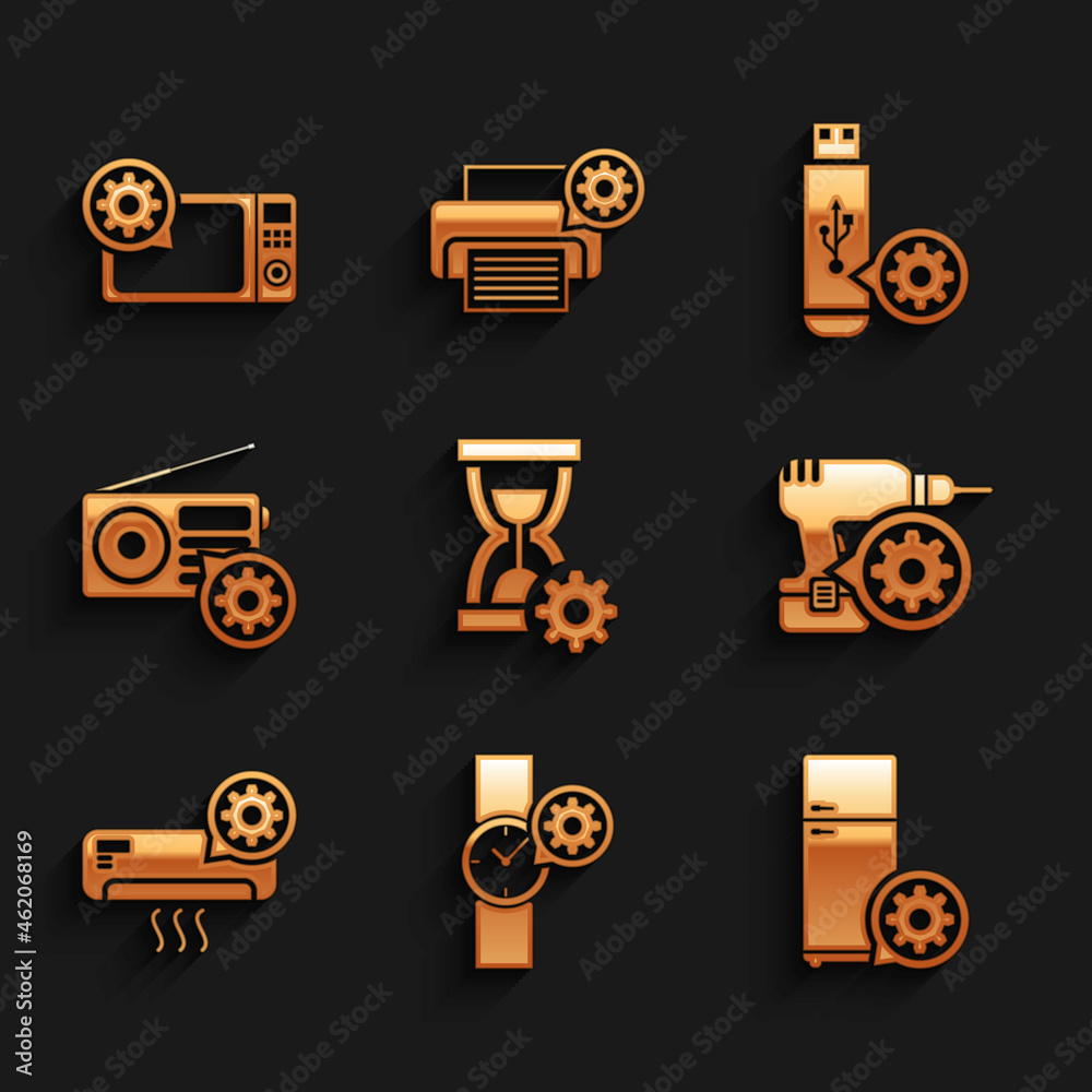 Set Hourglass setting, Wrist watch, Refrigerator, Drill machine, Air conditioner and Radio icon. Vector