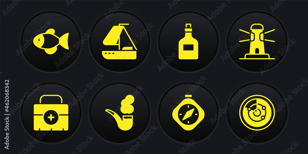 Set First aid kit, Lighthouse, Smoking pipe, Compass, Rum bottle, Yacht sailboat, Radar with targets and Fish icon. Vector Set First aid kit, Lighthouse, Smoking pipe, Compass, Rum bottle, Yacht sailboat, Radar with targets and Fish icon. Vector