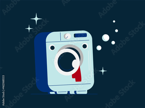 Washing machine character concept. Isolated cartoon washer with bubbles. Vector flat illustration. Sutiable illustration for laundry.