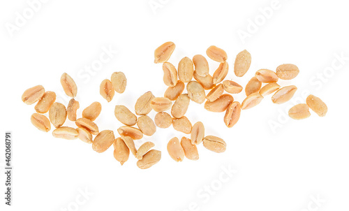 Roasted and salted peanuts snack isolated on a white background, top view. Peeled salted peanuts.