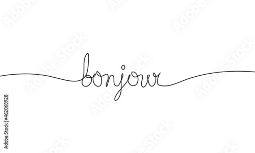 Calligraphic inscription of word "bonjour" as continuous line drawing on white background
