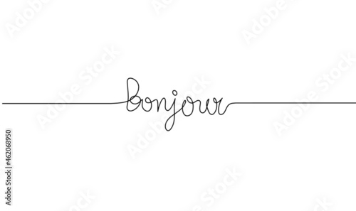 Calligraphic inscription of word "bonjour" as continuous line drawing on white background