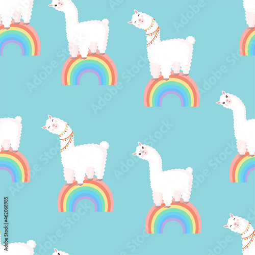 Seamless pattern with llamas on the rainbow. Vector illustration for baby texture, textile, fabric, poster, greeting card, decor. Cute alpaca from Peru. Textures with animals.