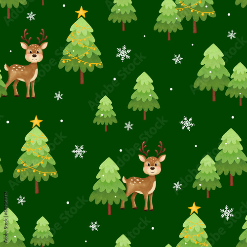 Seamless Christmas pattern. Cute deer, Christmas trees, stars and snowflakes. New Year and Christmas holidays, New Year's decor for home and clothes