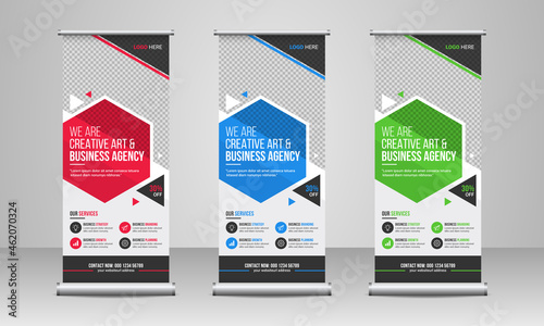 Corporate business promotion roll up or x banner template design with creative abstract background, company logo & icon. Conference, meeting or training event marketing rack card, banner & flyer.   