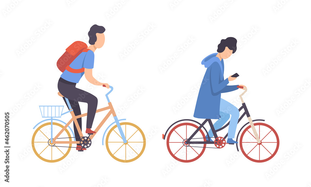 Young Man with Backpack and Smartphone Riding Bicycle Vector Set Young Man with Backpack and Smartphone Riding Bicycle Vector Set