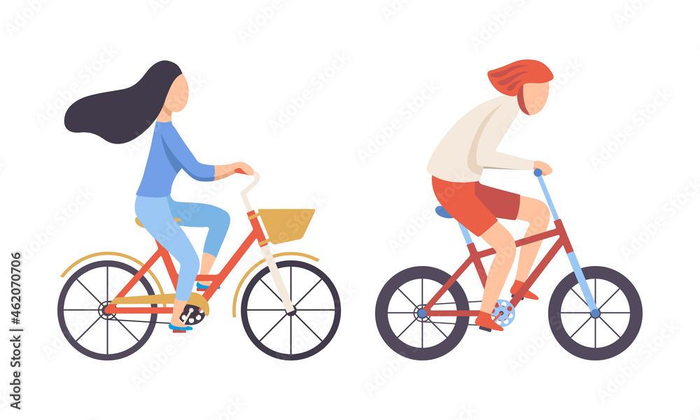 Young Man and Woman Riding Bicycle Vector Set Young Man and Woman Riding Bicycle Vector Set