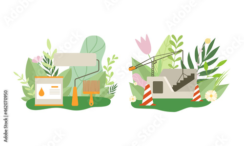 Green City and Eco House Building Among Fresh Flora and Foliage Vector Set