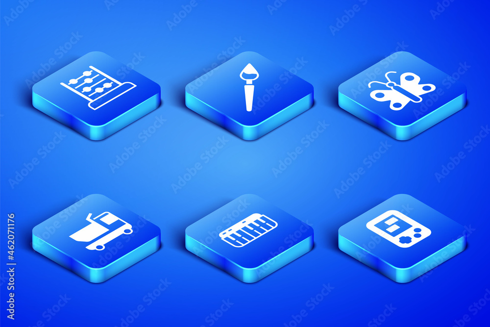 Set Tetris electronic game, Abacus, Music synthesizer, Toy truck, Paint brush and Butterfly icon. Vector