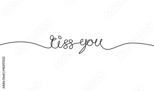 Calligraphic inscription of word "kiss you" as continuous line drawing on white background. Vector