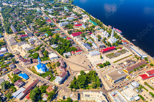 Aerial drone view of Kineshma ancient city with Volga river in Ivanovo region, Russia. Summer sunny day