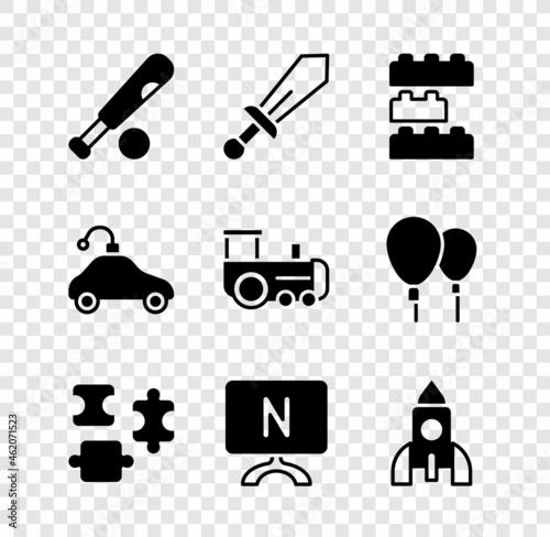 Set Baseball bat with ball, Sword toy, Toy building block bricks, Puzzle pieces, Smart Tv, Rocket ship, Radio controlled car and train icon. Vector