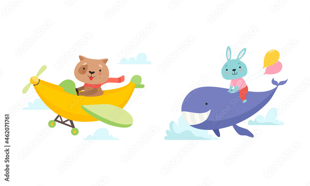 Obraz Cute Dog Flying in Banana Helicopter and Hare on Back of Whale Vector Set