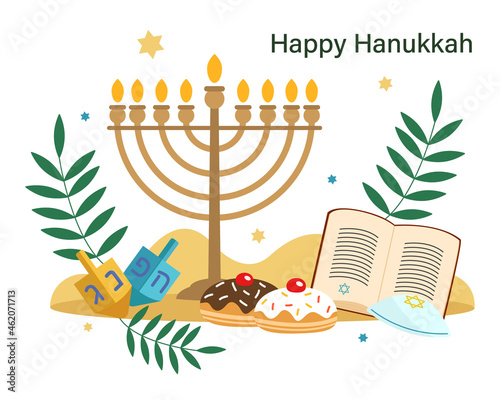 Hanukkah greeting card. Jewish holiday. Menorah, Star of David, Torah, donuts. Vector illustration in flat style.