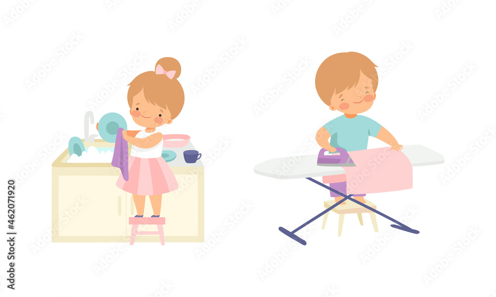 Cute Boy and Girl Doing Housework and Housekeeping Ironing Clothing and Washing the Dishes Standing on Stool Vector Set Cute Boy and Girl Doing Housework and Housekeeping Ironing Clothing and Washing the Dishes Standing on Stool Vector Set