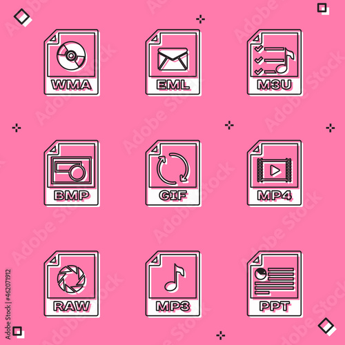 Set WMA file document, EML, M3U, BMP, GIF and MP4 icon. Vector photo