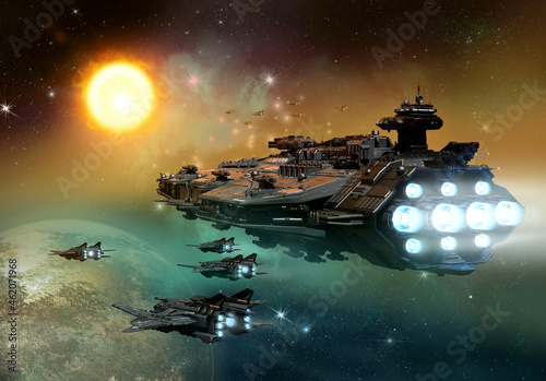 Photo space ship fleet 3D illustration