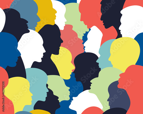People profile heads. Seamless pattern of a crowd of many different people profile heads. Vector background.