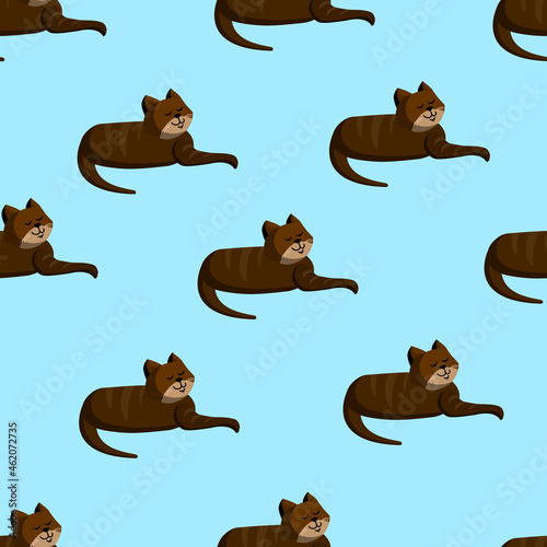 Seamless texture with brown cat for textile  fabric. Vector illustration of the pattern.