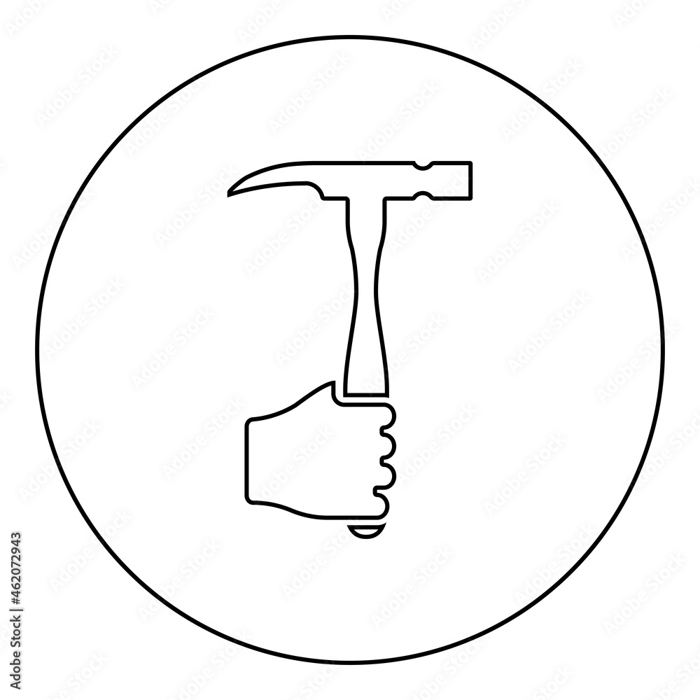 Hammer in hand holding tool use Arm using Working concept icon in circle round black color vector illustration solid outline style image Hammer in hand holding tool use Arm using Working concept icon in circle round black color vector illustration solid outline style image