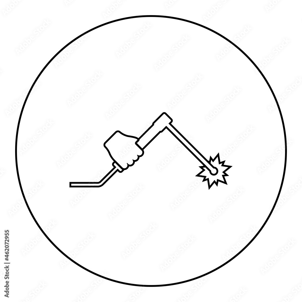 Welding machine in hand holding electric tool use Arm using equipment Spark electrode icon in circle round black color vector illustration solid outline style image Welding machine in hand holding electric tool use Arm using equipment Spark electrode icon in circle round black color vector illustration solid outline style image