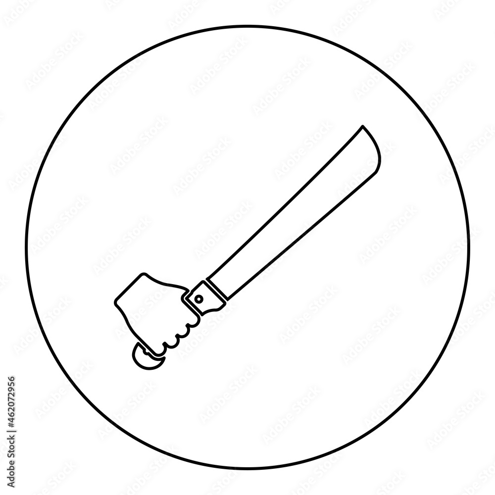 Machete in hand in use Arm Big knife icon in circle round black color vector illustration solid outline style image Machete in hand in use Arm Big knife icon in circle round black color vector illustration solid outline style image