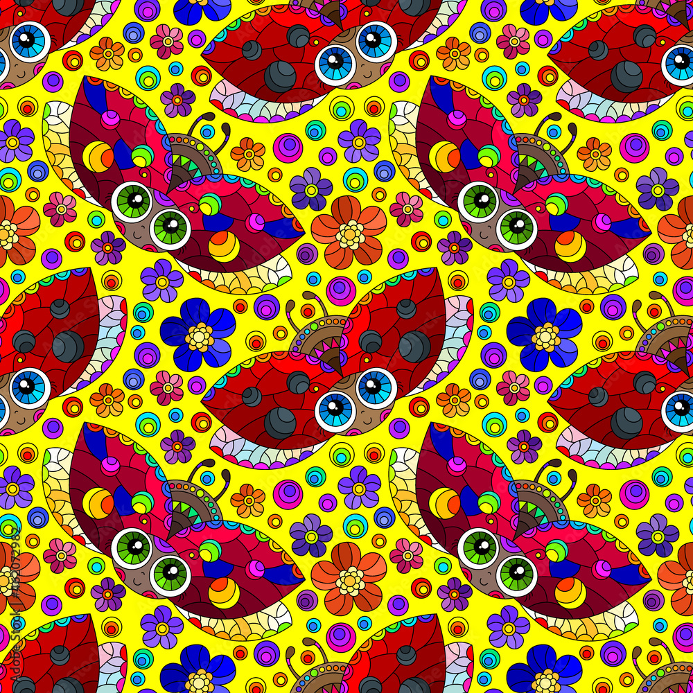 Naklejka premium Seamless pattern with ladybugs and flowers, insects on a yellow background