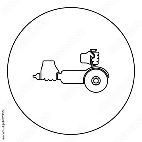 Surface grinder in hand tool in use Arm Electric circular saw angle with discs hand-held Bulgarian Polisher sander machine for treatment cutting icon in circle round black color vector illustration 
