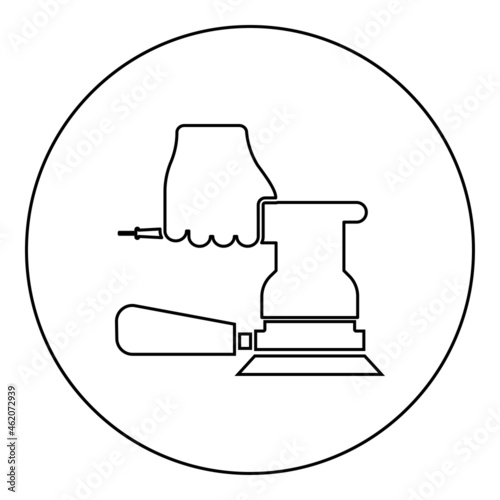 Sander in hand holding tool use Arm using circular sheet Electric orbital instrument icon in circle round black color vector illustration solid outline style image