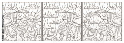 A set of contour illustrations in the style of stained glass with seascapes, dark contours on a white background