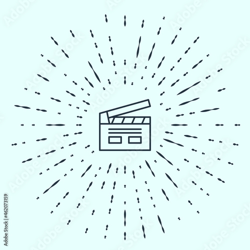 Black line Bollywood indian cinema icon isolated on grey background. Movie clapper. Film clapper board. Cinema production or media industry. Abstract circle random dots. Vector