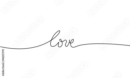Calligraphic inscription of word "love" and hearts as continuous line drawing on white background. Vector